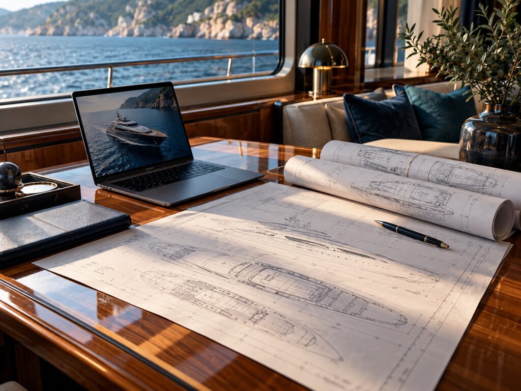 Chart table with laptop and technical plans