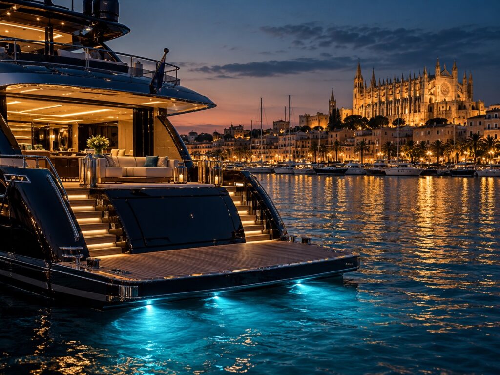 Yacht stern moored at dusk with Palma Cathedral