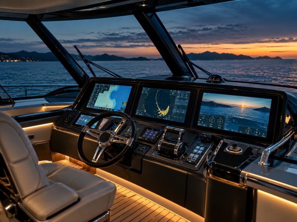 Yacht helm and bridge at dusk
