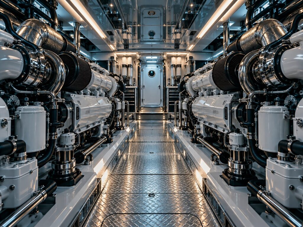 Yacht engine room between two main engines